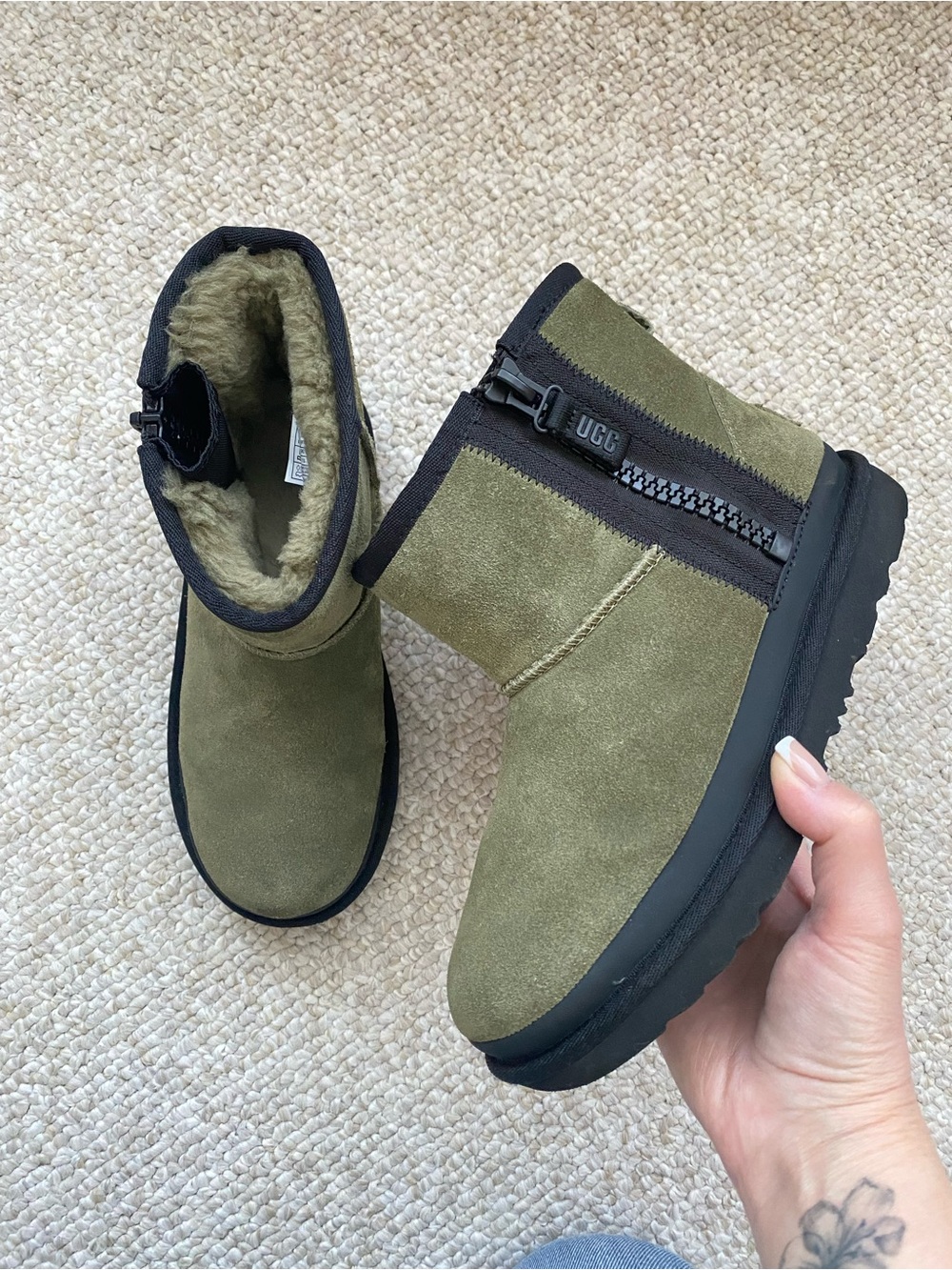 UGG NEW Olive Suede Shearling-Lined Zip Ankle Boots
